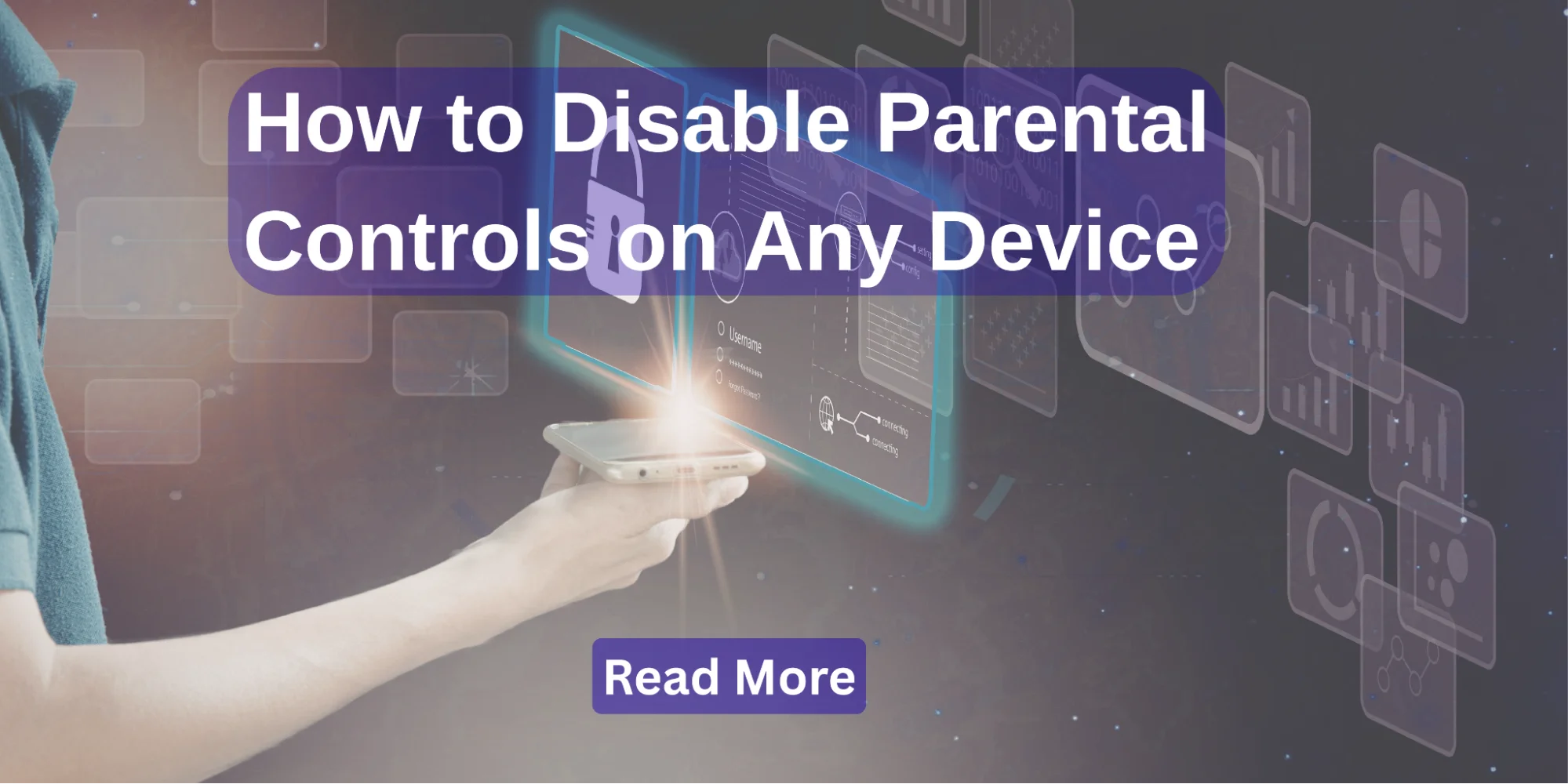 How to disable parental controls guide displayed on a smartphone with a digital security interface and a glowing login panel for device access management